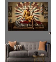 Barber Shop Retro Kadın Modeli Dekoratif Kanvas - Mdf Ahşap Tablo