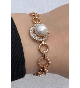 Xuping Rose Gold İnci Detaylı Zirkon Taşlı Halka Zincir Kadın Çelik Bileklik