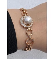 Xuping Rose Gold İnci Detaylı Zirkon Taşlı Halka Zincir Kadın Çelik Bileklik