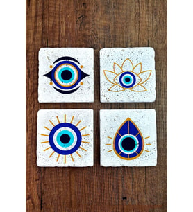 Doğal Taş Bardak Altlığı 4'lü Set 10x10x1 Cm Nazar Boncuğu Desenli Bardak Altlığı 354