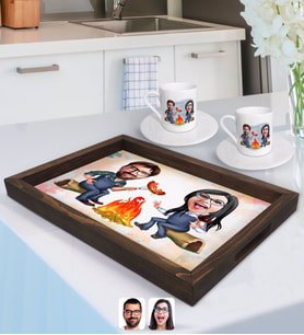 BK Gift Kişiye Özel Sevgililer Karikatürlü Doğal Ahşap Tepsi ve 2’li Kahve Fincan Seti-95