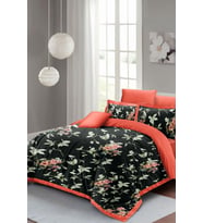 Lastikli Çarşaflı %100 Pamuk Saten Çift Kişilik Nevresim Takımı Black Somon Flower