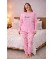 Kadın Büyük Beden Uzun Kollu Rahat Pijama Takımı – Yumuşak Dokulu Konforlu Ev Giyimi (Pembe)
