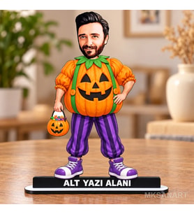 Fotoğraftan Kişiye Özel Halloween Balkabağı Kostümlü Karikatürlü 18 cm MDF Masaüstü Biblo - Masaüstü Hediye