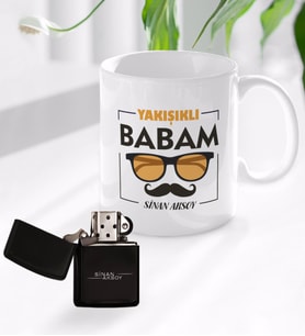 BK Gift Kişiye Özel Yakışıklı Babam Tasarımlı Kupa Bardak ve Benzinli Çakmak Seti - Model 2