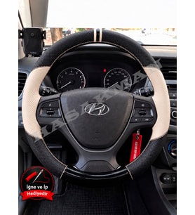 Hyundai i20 Active Dikme Direksiyon Kılıfı Delikli Deri Parlak Siyah Bej Detay Çift Yüzük ve Dikiş 2015-2020