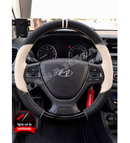 Hyundai i20 Active Dikme Direksiyon Kılıfı Delikli Deri Parlak Siyah Bej Detay Çift Yüzük ve Dikiş 2015-2020