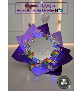Led Işıklı Aynalı Mor-Gökkuşağı Kelebek Buketi 'Bu Senin Çiçeğin Aynadaki Benim Ayna Buket' Gökkuşağı - Mor- Sevgililer Günü-Anneler Günü-Kadınlar Günü