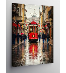 Kanvas Tablo Yağmur Altında Kırmızı Tramvay