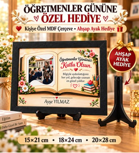 Öğretmenler Günü Kitap Konseptli Kişiye Özel Fotoğraflı MDF Çerçeve Ahşap Ayak Hediyeli