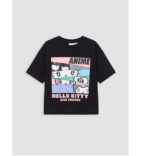 LCW Kids Siyah Bisiklet Yaka Hello Kitty Baskılı Kız Çocuk Tişört
