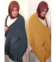 Büyük Cepli Omuz Şalı , Modern Kışlık Şal, Klasik Anne Şalı (Hardal Sarısı)