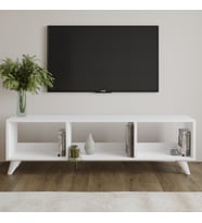 Tina TV Sehpası – 120 cm Açık Meşe Renkli, Retro Tarz Ahşap Ayaklı Minimal TV Sehpası (Beyaz)