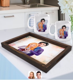 BK Gift Kişiye Özel Sevgililer Karikatürlü Doğal Ahşap Tepsi ve 2’li Kupa Bardak Seti-89