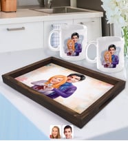 BK Gift Kişiye Özel Sevgililer Karikatürlü Doğal Ahşap Tepsi ve 2’li Kupa Bardak Seti-89