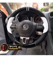 Vw Golf 6 Dikme Direksiyon Kılıfı Delikli Deri Parlak Siyah Beyaz Detay Çift Yüzük ve Dikiş 2008-2012