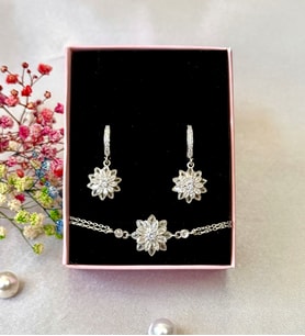 925 Ayar Gümüş Lotus Çiçeği Küpe & Bileklik Takı Seti