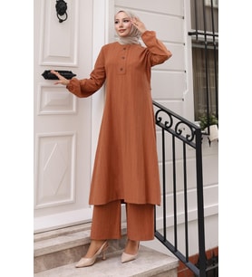 Düğmeli Tesettür Takım Taba MSV10358
