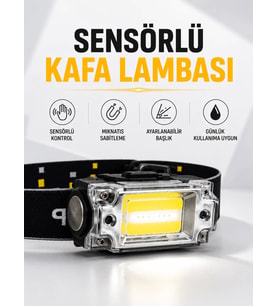 Sensör Kontrollü Şarjlı Beyaz LED Kafa Lambası ve El Feneri