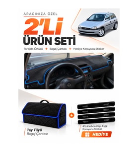 e-biz OPEL CORSA B (1992-2000) Uyumlu Torpido Örtüsü + Tay Tüyü Bagaj Çantası - Siyah-Mavi - OP006