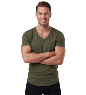 DeepSEA Haki Erkek Slim Fit Derin V Yaka Basic Tişört %90 Pamuk Likralı Asimetrik Kesim 2602265