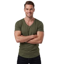 DeepSEA Haki Erkek Slim Fit Derin V Yaka Basic Tişört %90 Pamuk Likralı Asimetrik Kesim 2602265