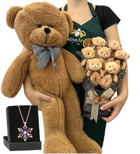 7'li Peluş Ayıcık Buketi, Gerçek Ametist Taşlı Lotus Kolye ve Kahverengi Ayıcık (Model 4)
