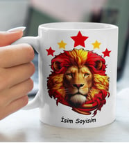 Kişiye Özel 5 Yıldızlı Premium Sarı Kırmızı Taraftar Aslan Tasarımlı Porselen Kupa Bardak (Kırmızı-Sarı-Geçişli)