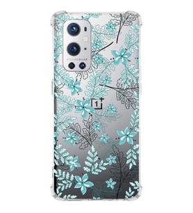 PrintiFy OnePlus 9 Pro Uyumlu Köşe Korumalı Floral Su Yeşili Tasarımlı Şeffaf Silikon Kılıf