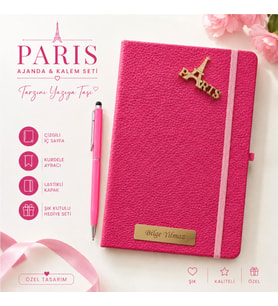 Kişiye Özel Paris Temalı Pembe Defter Kalem Seti