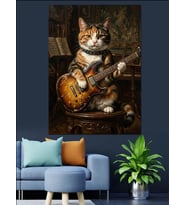 Gitar Çalan Tekir Kedi Portresi Dekoratif Kanvas - Mdf Ahşap Tablo