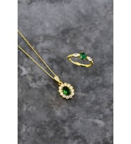 Papatya Silver 925 Ayar Gümüş Gold Kaplama Yeşim Renkli Taş Tepelikli Oval Tasarım Kolye Ve Kalp Yüzük Set