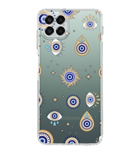PrintiFy Samsung Galaxy M33 ile Uyumlu Nazar Boncuğu 5  Kamera Korumalı Şeffaf Silikon Kılıf