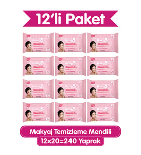 Paddlers 3’ü 1 Arada Makyaj Temizleme Mendili Yüz, Göz & Dudak İçin, 240 Yaprak (12 Paket x 20’li)