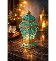 Turkuaz & Gold Detaylı Ramazan Özel Lüks Led Tealight Mumluk