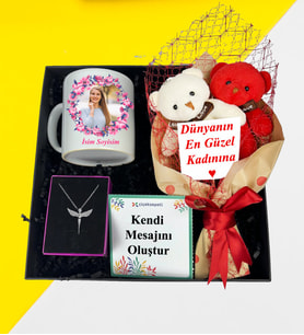 Kişiye Özel Premium Kutu Ayıcık Buketi Fotoğraflı Kupa Bardak Melek Kolye