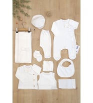 Erkek Bebek Beyaz Natıral Pamuk Kumaş Lüks 10 Lu Hastane Çıkışı Set STL6787