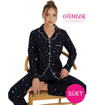 Kadın Gömlek Yaka Önden Düğmeli Saten Biyeli Göğüs Cepli İnce Süet Kışlık Uzun Kol Pijama Takımı (Lacivert)