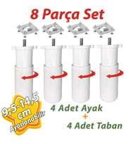 4 Adet Destek Ayağı 9,5-14,5 cm Beyaz  ve 4 Adet Metal Düz Ayak Tabanı M8 Civatalı İnce Diş Mobilya Kanepe Baza Koltuk Seti