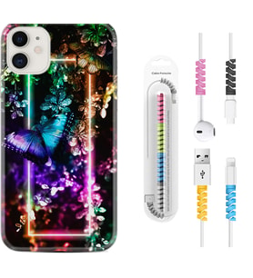 Apple iPhone 11 12 13 Mini Kılıf Kablo Koruma Spiral Silikon Butterfly Neon 1684