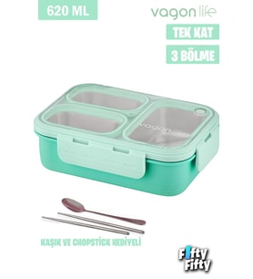 Vagonlife Lunch Box 620 ML Tek Kat Üç Bölmeli Metal Kaşıklı Yeni Nesil Sefer Tası-FFLBOX7097 (Yeşil)