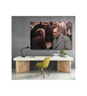 Atatürk ve Halk Temalı Renkli Kanvas Tablo Modeli Yatay Duvar Tablosu