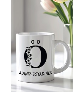 Kişiselleştirilebilir Ö Harfi Tasarımlı 330ml Baskılı Beyaz Seramik Kupa Bardak (Siyah Beyaz Baskili)