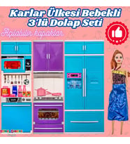 Karlar Ülkesi Bebekli Üçlü Mutfak Seti - Frozen Modern Mutfak Seti - Işıklı Sesli Mutfak Oyuncak - F