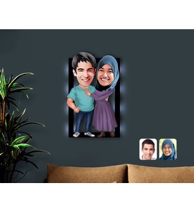 BK Gift Kişiye Özel Sevgililer Karikatürlü 3D Led Işıklı Ahşap Tablo-61