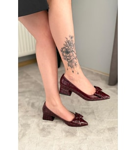 Kadın Mila Bordo Kroko Fiyonklu 3,5 cm Blok Topuklu Stiletto / Ayakkabı
