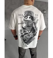 Erkek Kısa Kol Tişört Bisiklet Yaka Filistin Poşulu Baskılı T-Shirt - Beyaz