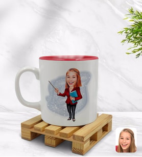 BK Gift Kişiye Özel Kadın Öğretmen Karikatürlü İçi Kırmızı Renkli Kupa Bardak Model 3