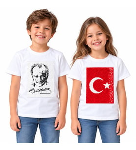 Atatürk ve Türk Bayrağı Çift Yönlü Payetli Sihirli Çocuk Tişörtü – Beyaz