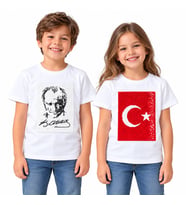 Atatürk ve Türk Bayrağı Çift Yönlü Payetli Sihirli Çocuk Tişörtü – Beyaz